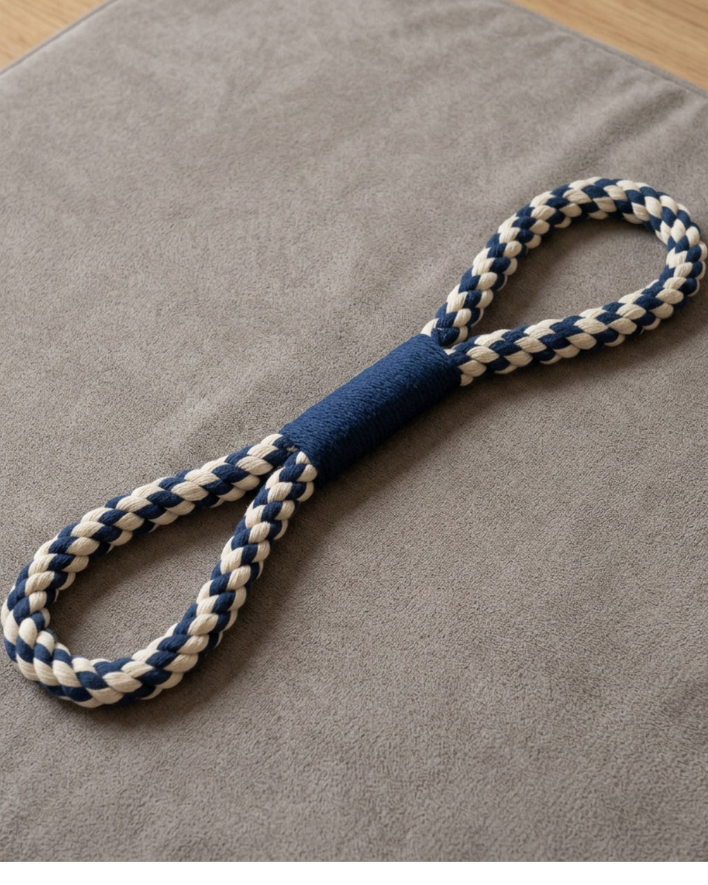 Pimfa Figure-Eight Cotton Rope Tug Toy Navy Cream 38 cm - Lifestyle view