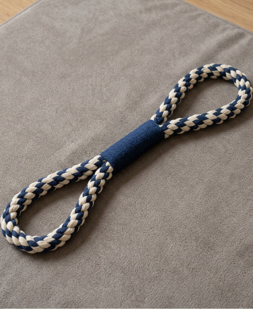 Pimfa Figure-Eight Cotton Rope Tug Toy Navy Cream 38 cm - Lifestyle view