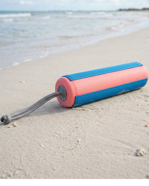 Pimfa Floating Foam Fetch Bumper with Rope Handle Coral Blue 30 cm - Lifestyle view